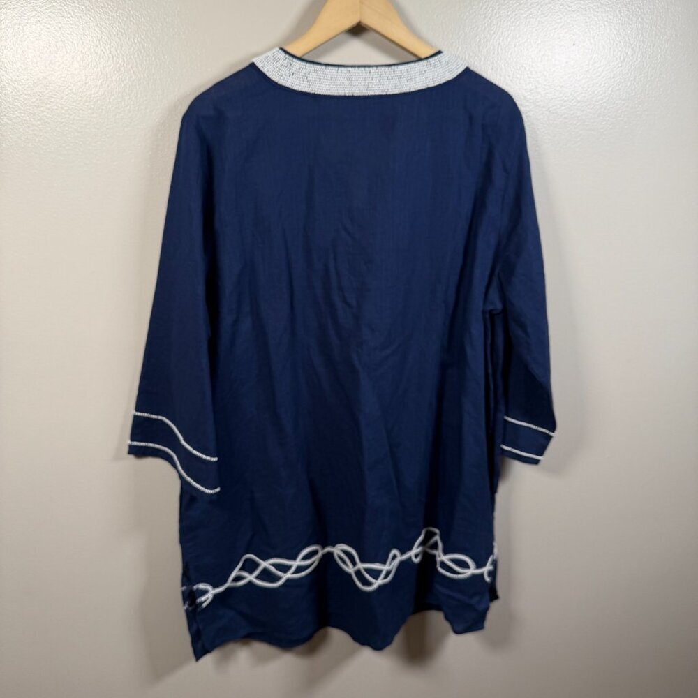 Talbots Aqua Club Beaded Linen Blend Tunic Top Size X Blue Caftan Cover Up - Picture 2 of 11